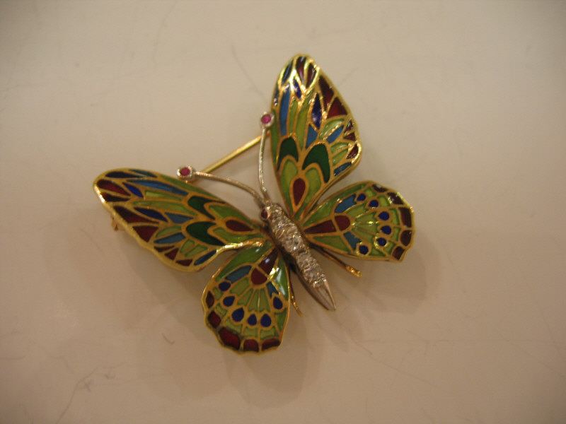 Appraisal: CLOISONNE BUTTERFLY BROOCH k yellow gold butterfly with wings in