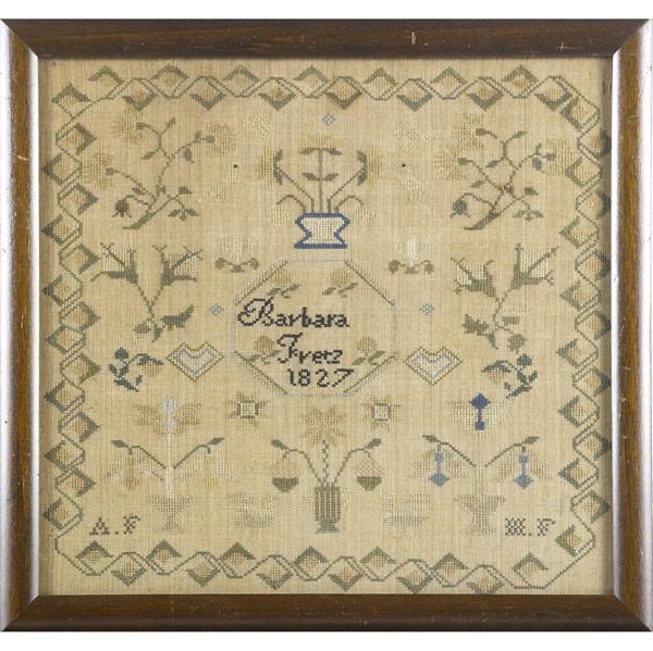 Appraisal: FRAMED SAMPLERS Barbara Fretz dated together with alphabet and number