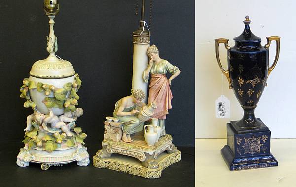 Appraisal: Two German porcelain groups and a Bohemian porcelain urn late