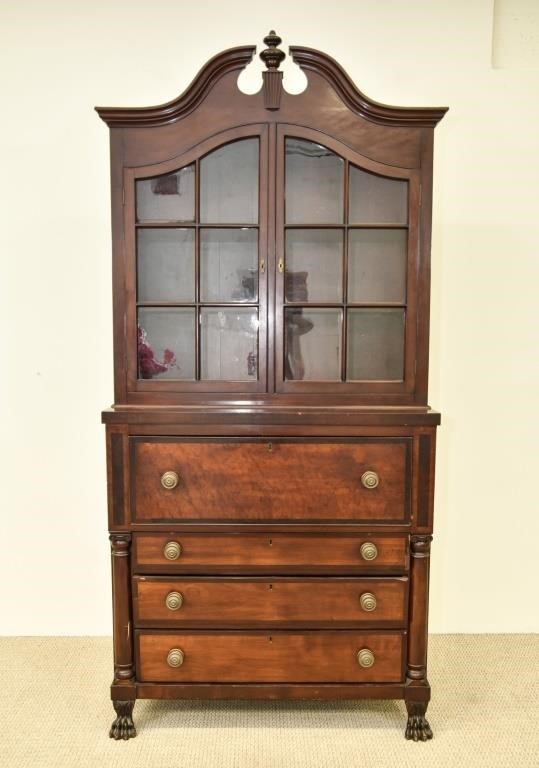 Appraisal: Empire mahogany two-piece secretary bookcase circa fitted drawered interior and