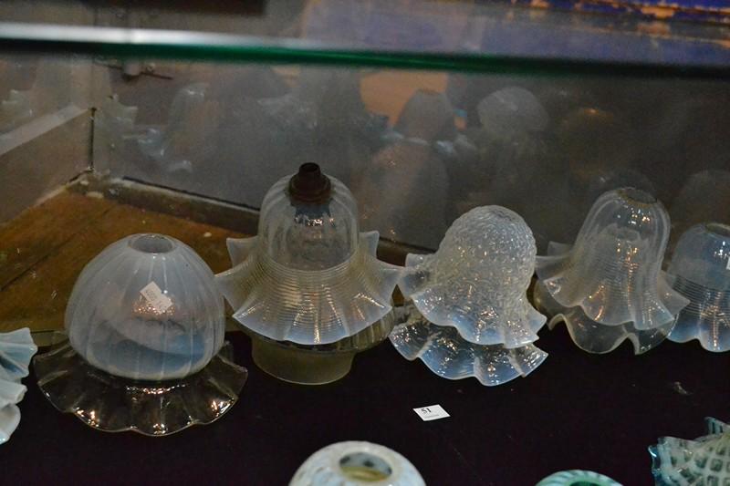 Appraisal: LARGE GROUP OF FRILLED VASELINE GLASS LIGHT SHADES AND ONE