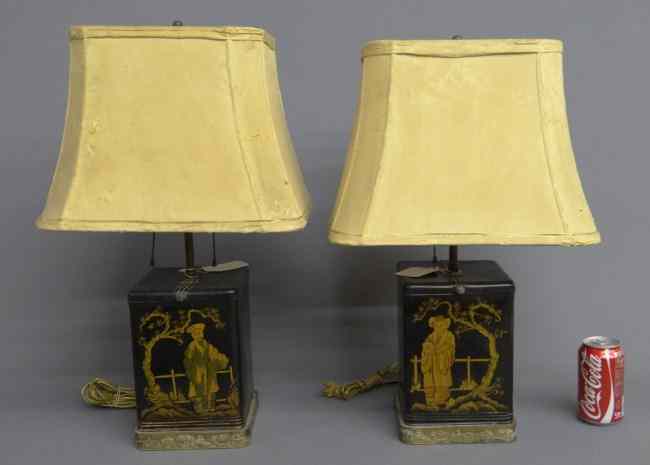 Appraisal: Pair Asian painted tole lamp '' overall Ht shades as