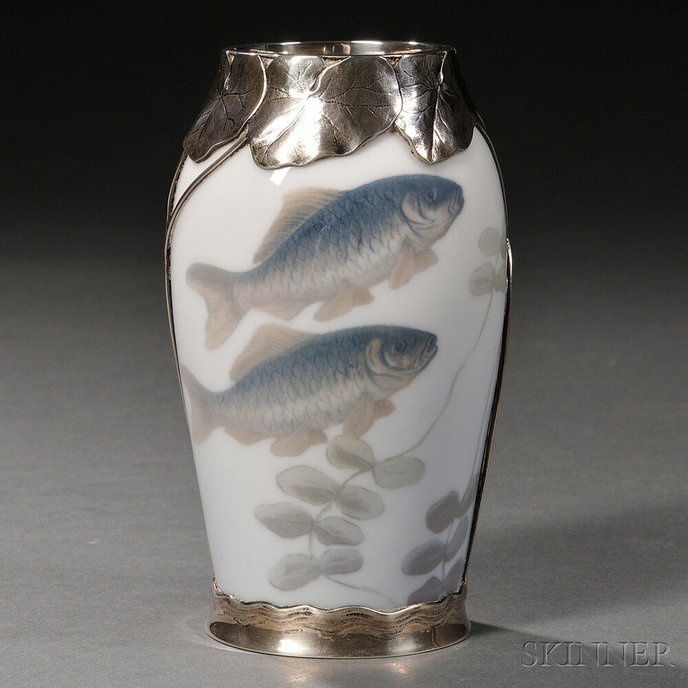 Appraisal: Royal Copenhagen Sterling Silver-mounted Porcelain Vase Denmark c decorated with