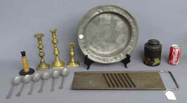 Appraisal: Early metalware lot including pewter charger tin slaw cutter hogscraper