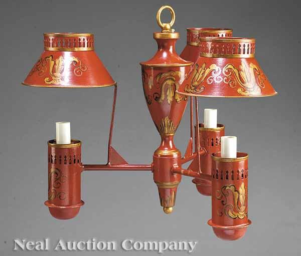 Appraisal: A T le Peinte Three-Light Chandelier iron red ground with