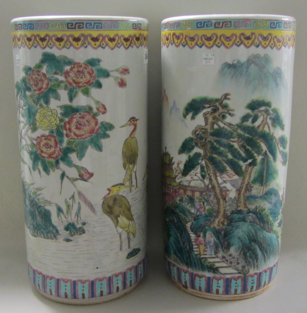 Appraisal: A pair of Canton porcelain famille rose cylindrical stick stands