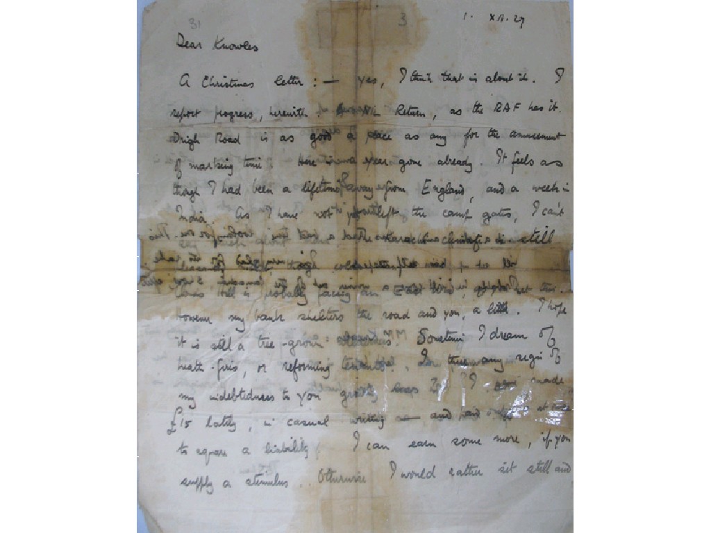 Appraisal: T E LAWRENCE A LETTER dated Dear Knowles A Christmas