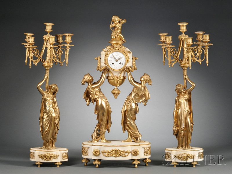 Appraisal: Three Piece Louis XV-style French Bronze and Alabaster Clock Garniture