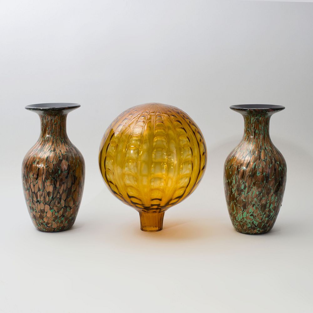 Appraisal: Pair of Italian Inlaid Copper and Green Glass Baluster Vases