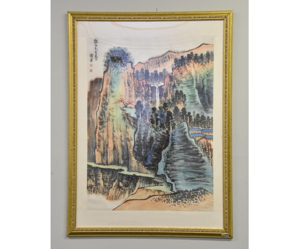 Appraisal: Chinese watercolor mountain waterfall landscape signed x sight size x