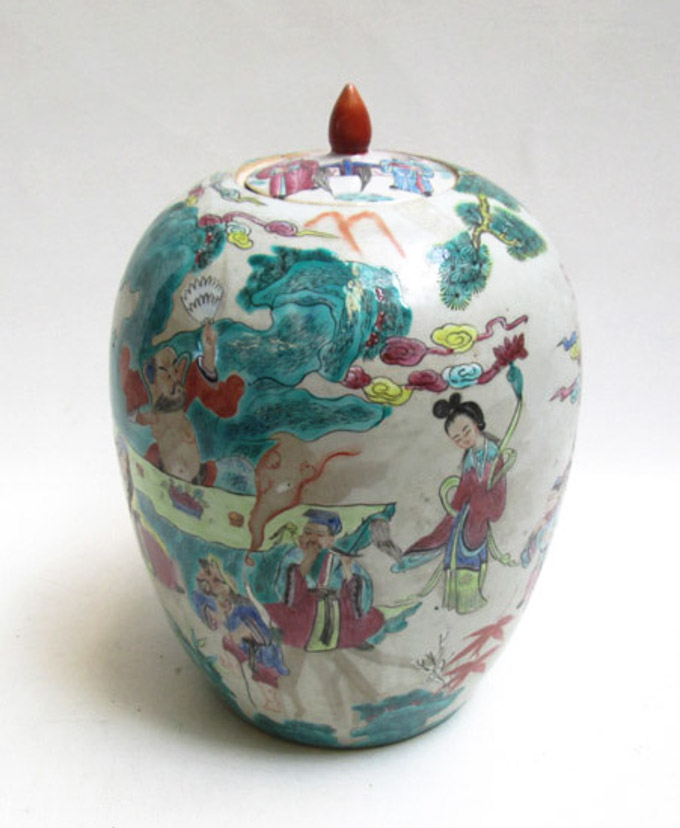 Appraisal: CHINESE QING DYNASTY WATER JAR featuring courtly figures in an