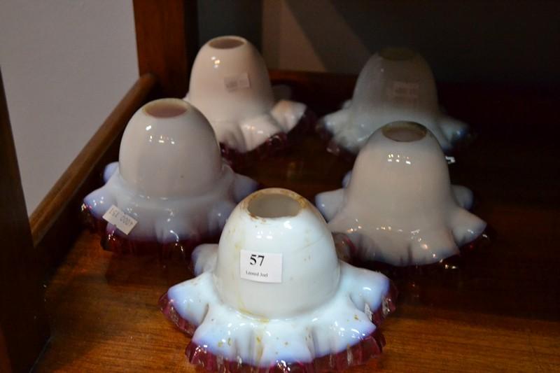 Appraisal: SET OF FIVE OPALINE RUBY GLASS FRILLED LIGHT SHADES CHIPS