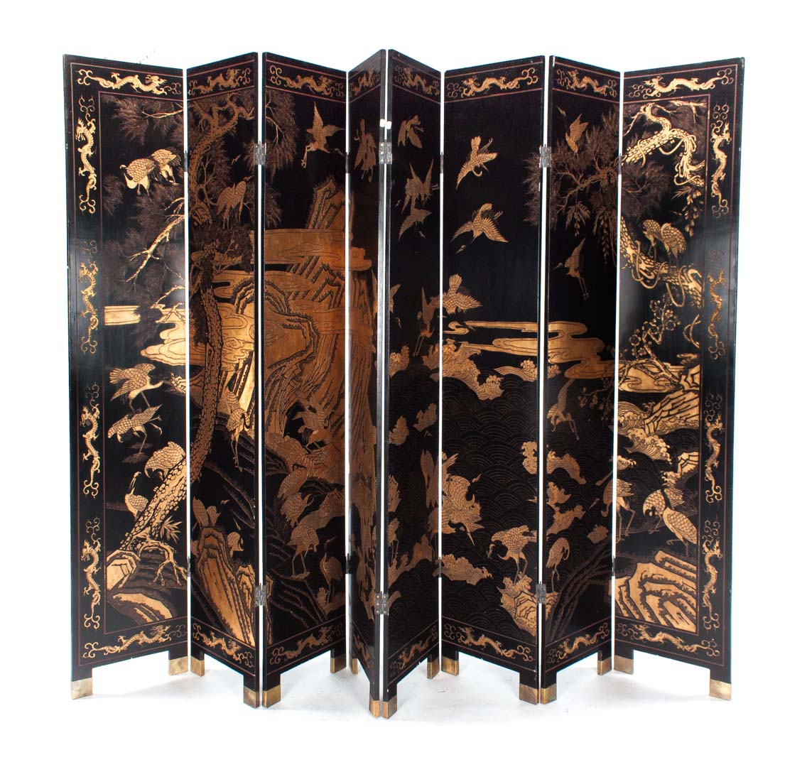 Appraisal: Chinese eight-panel lacquered folding screen with crane and lake decoration