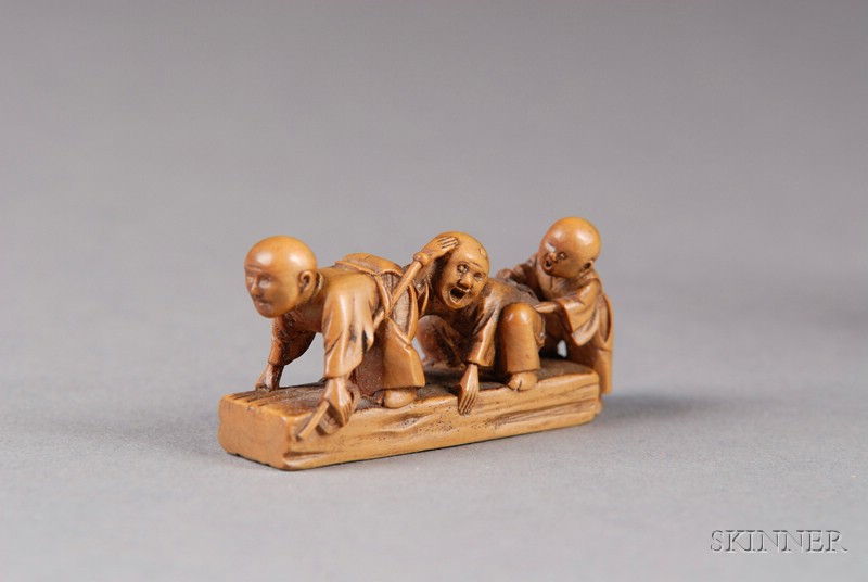 Appraisal: Boxwood Netsuke th century scene of three blind men with