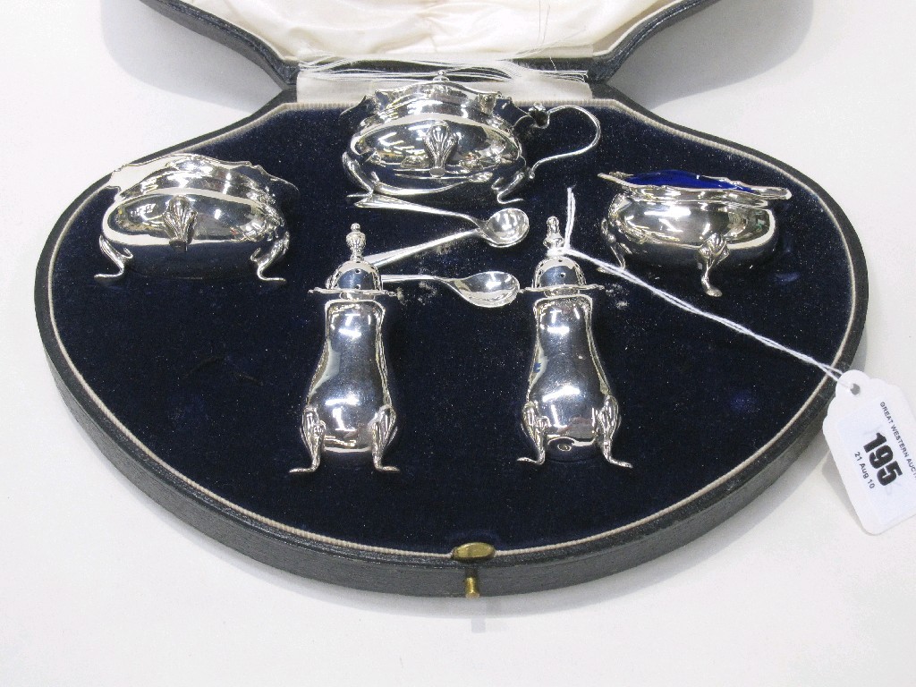 Appraisal: Cased five piece silver condiment set Birmingham