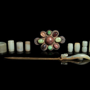 Appraisal: Ten Celadon Jade and Hardstone Articles comprising seven cylindrical pendants