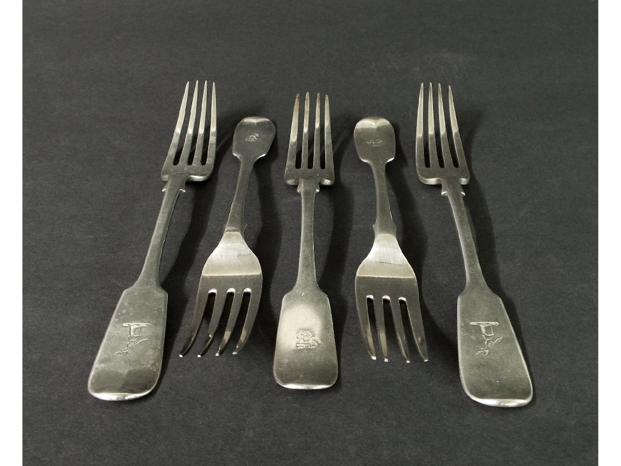 Appraisal: Five various Victorian period silver fiddle pattern table forks various