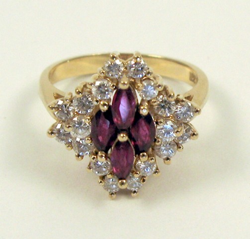 Appraisal: RUBY DIAMOND AND FOURTEEN KARAT GOLD RING set with four