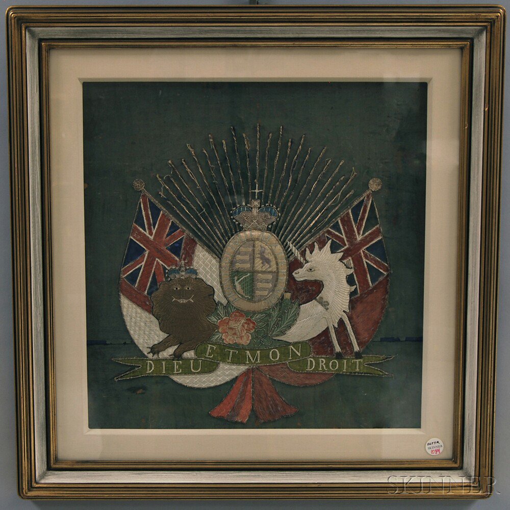 Appraisal: Framed Silk Embroidery and Beadwork Coat of Arms of the