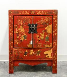 Appraisal: A Small Chinese Red Lacquered Elmwood Cabinet Height x width