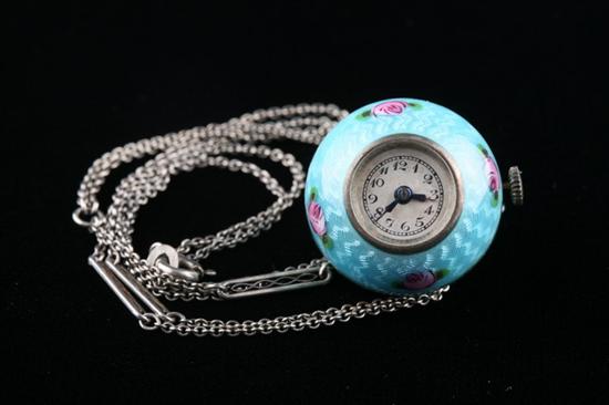 Appraisal: STERLING SILVER AND TURQUOISE ENAMEL PENDANT WATCH Guilloche enamel accented