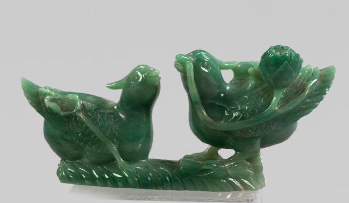 Appraisal: Kuang Hsu Elaborately Carved Serpentine Group of two crested ducks