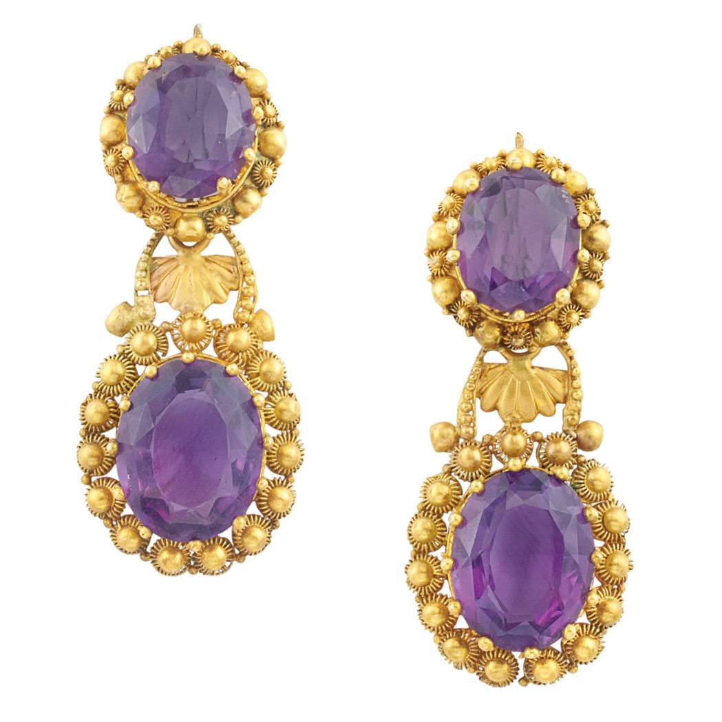 Appraisal: Pair of Antique Gold and Amethyst Pendant-Earrings Topped and suspending