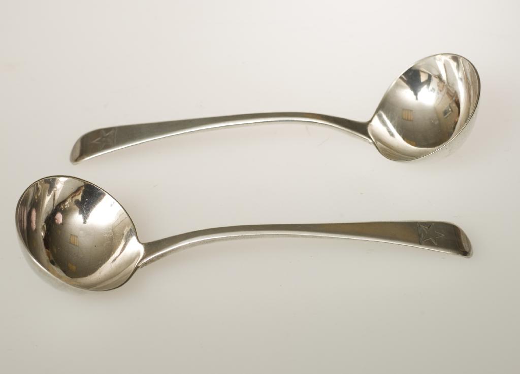 Appraisal: PAIR OF GEORGE III SILVER SAUCE LADLES ELEY FEARN CHAWNER