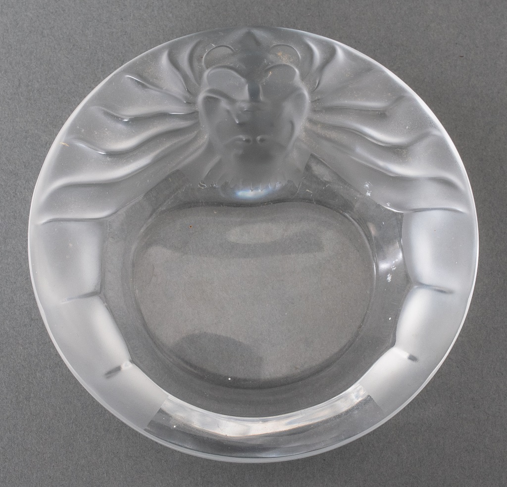 Appraisal: LALIQUE FROSTED ART GLASS LION'S HEAD TRAY Lalique frosted art