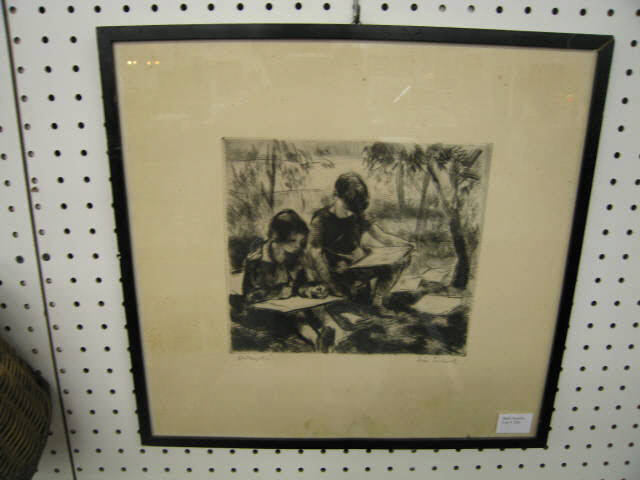 Appraisal: Signed Etching of Children Reading pencil signed