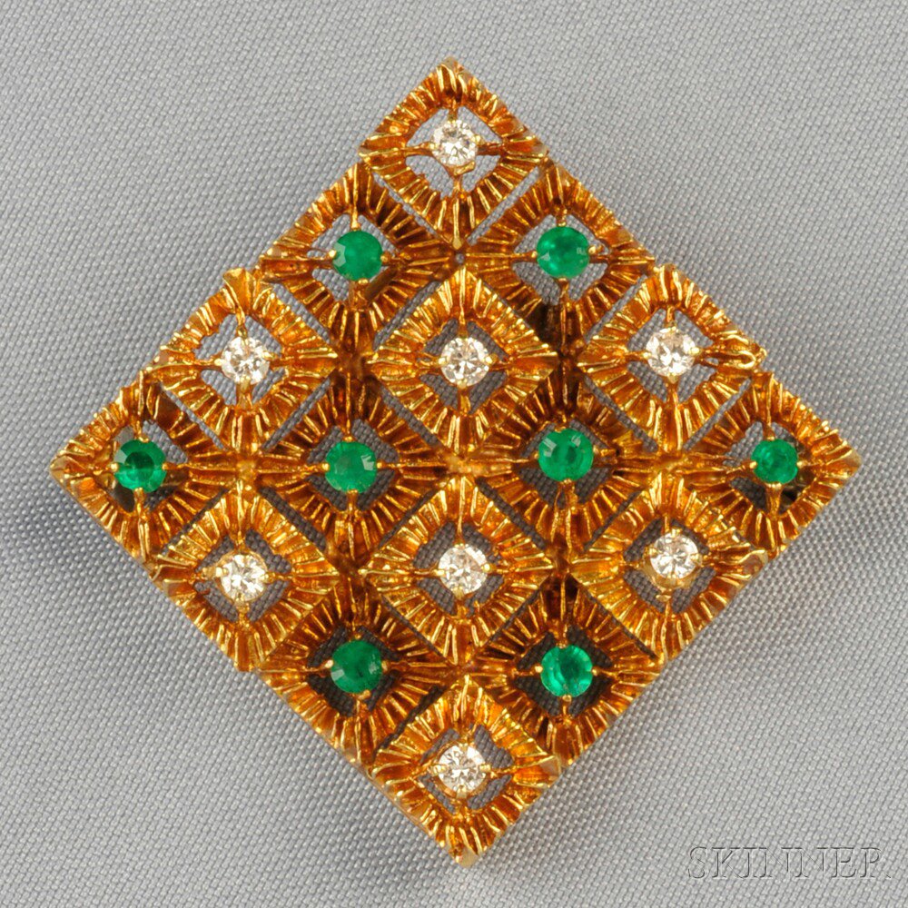 Appraisal: kt Gold Emerald and Diamond Brooch the abstract mount set