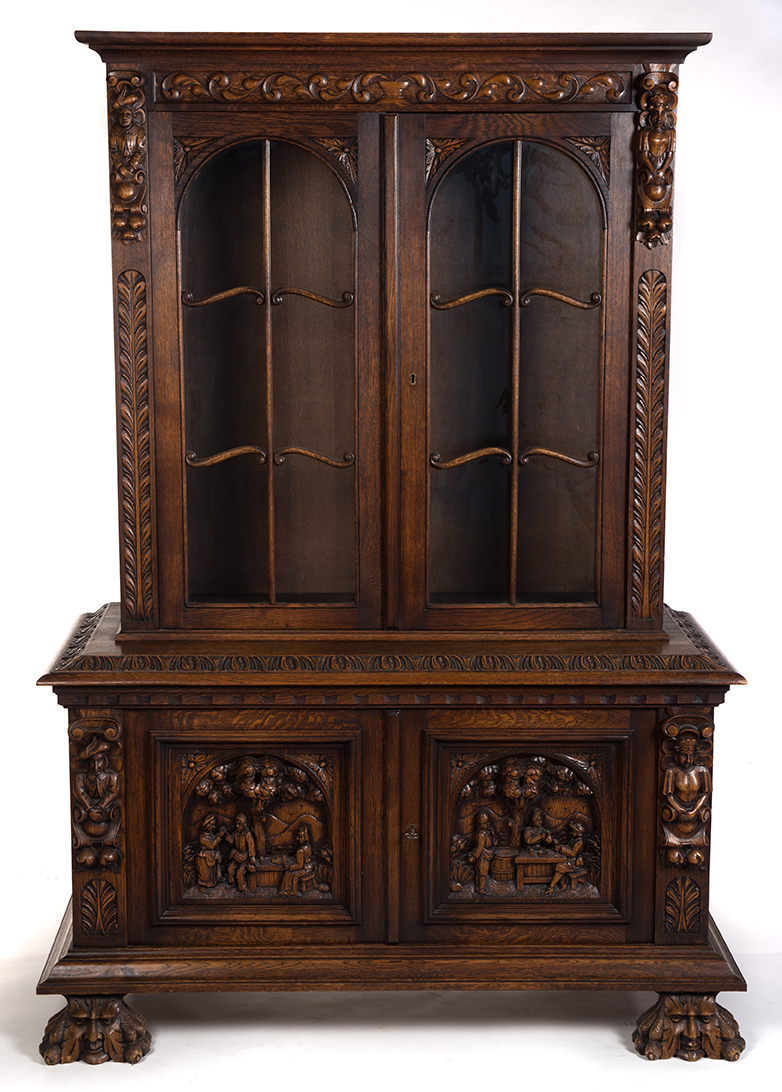 Appraisal: TWO-PIECE CARVED OAK DISPLAY CASE European st quarter- th century