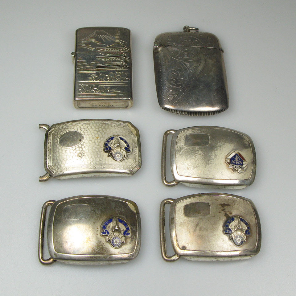 Appraisal: Sterling Silver Belt Buckles with an English silver vesta case