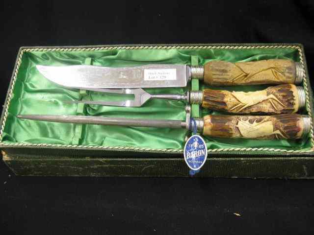 Appraisal: Carved Stag Handle Carving Set deer on handles original box