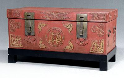 Appraisal: Large Chinese leather trunk stand red trunk with gilt accents