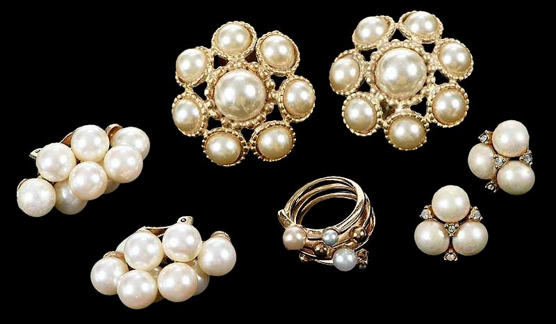 Appraisal: Costume Jewelry Three Earclips One Ring ring faux pearl and