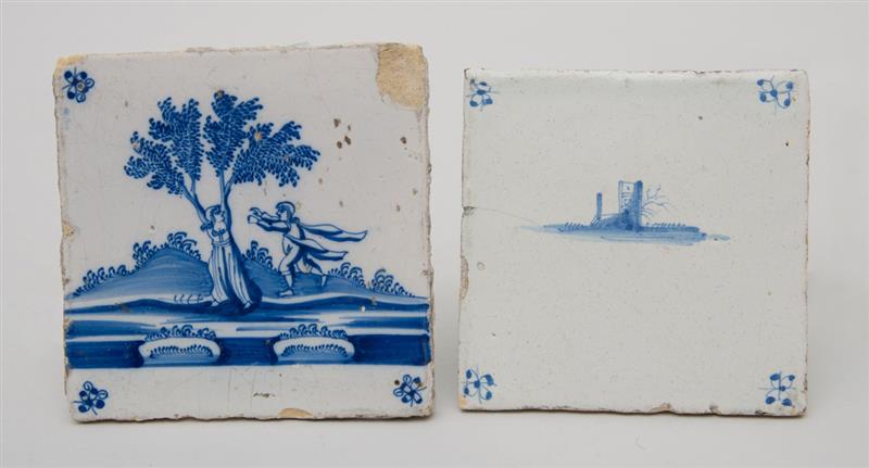 Appraisal: TWO DUTCH DELFT BLUE AND WHITE TILES AND A FRENCH