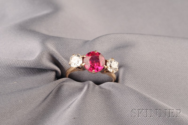 Appraisal: kt Gold Synthetic Ruby and Diamond Ring prong-set with a