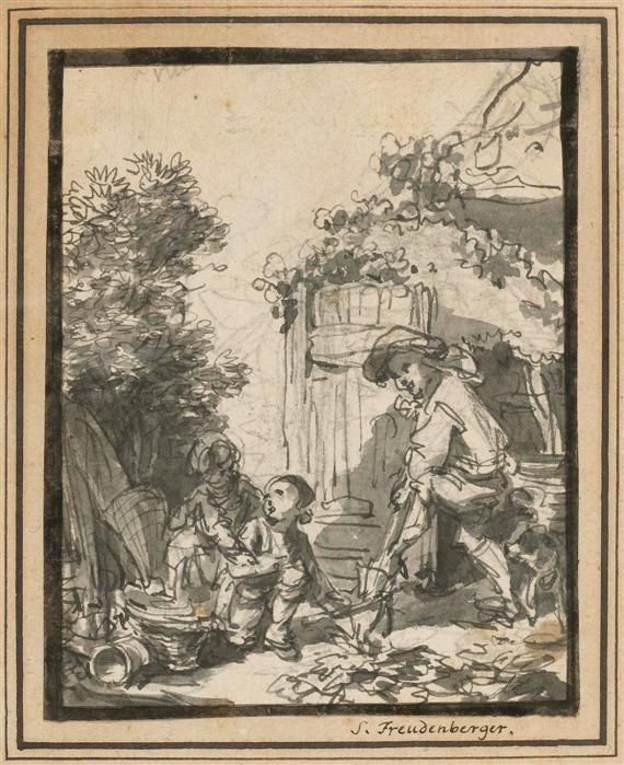 Appraisal: FREUDENBERGER SIGMUND Bern Three boys playing and digging in a