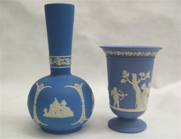 Appraisal: TWO ENGLISH JASPERWARE VASES decorated with white figures on blue