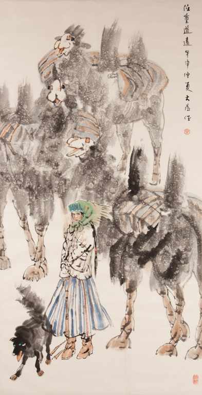 Appraisal: Chinese painting A Mongol woman standing with camels and a