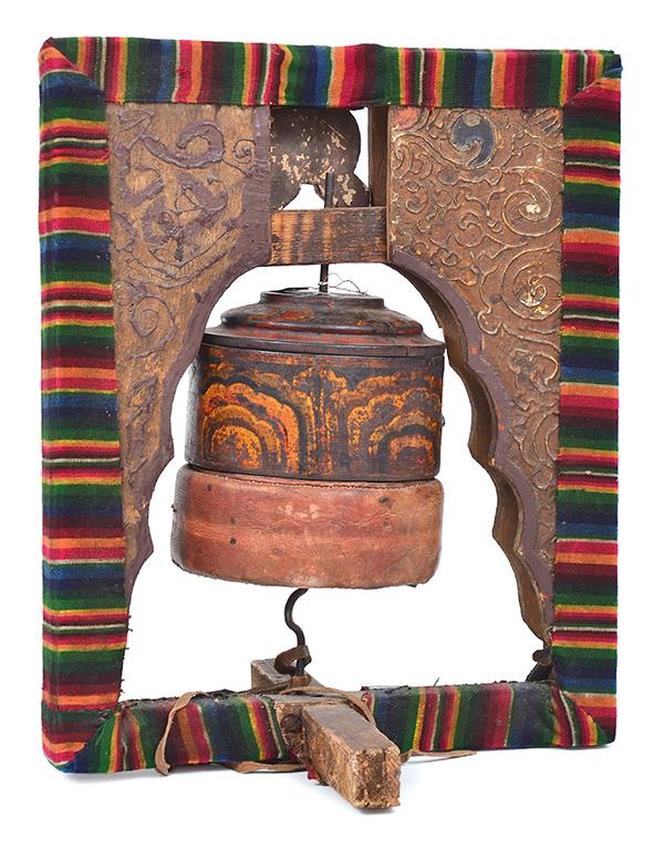 Appraisal: AN ANTIQUE POLYCHROMATIC WOODEN TIBETAN PRAYER WHEEL rectangular frame housing