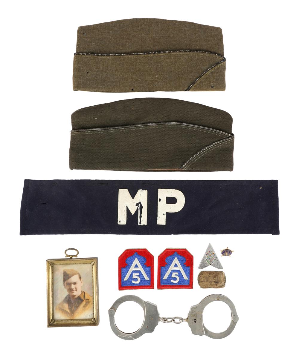 Appraisal: COLLECTION OF MILITARY POLICE EPHEMERAcomprising two field hats a framed