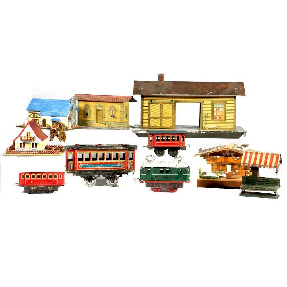 Appraisal: Ives Wooden and Tin European Trains and Buildings Lot Mixed