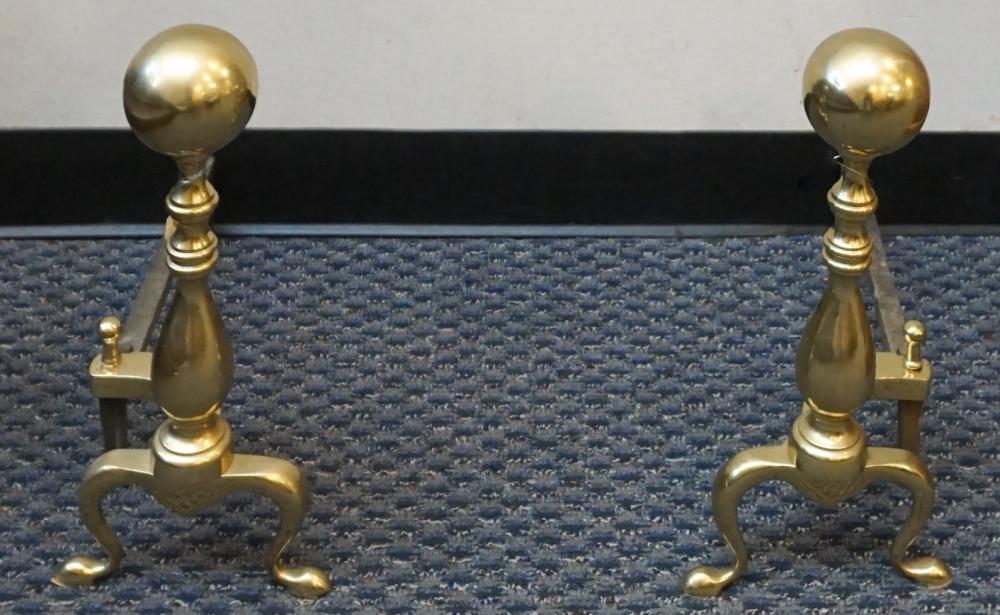 Appraisal: PAIR WAYNE CO FEDERAL STYLE BRASS 'CANNONBALL' ANDIRONS H IN