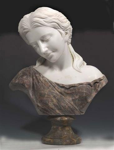 Appraisal: A MARBLE BUST of a Pre-Raphaelite girl with variegated decoration