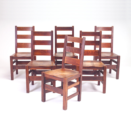 Appraisal: STICKLEY BROTHERS Six ladder-back side chairs with saddle seats Original