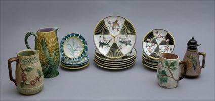 Appraisal: GROUP OF FOUR MAJOLICA PITCHERS AND ASSORTED PLATES Comprising a