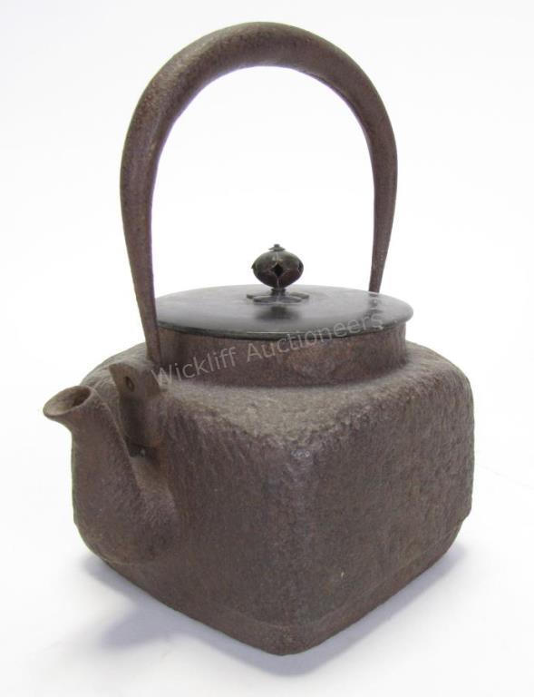 Appraisal: Antique Japanese Tetsubin Iron Tea Kettle square kettle with round