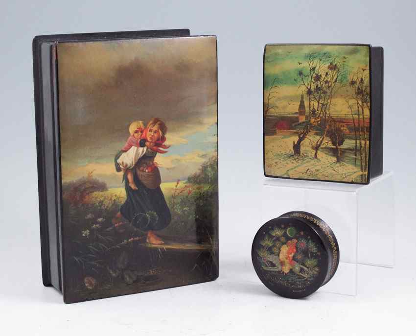 Appraisal: COLLECTION OF RUSSIAN PAINTED LACQUER BOXES To include Larger box